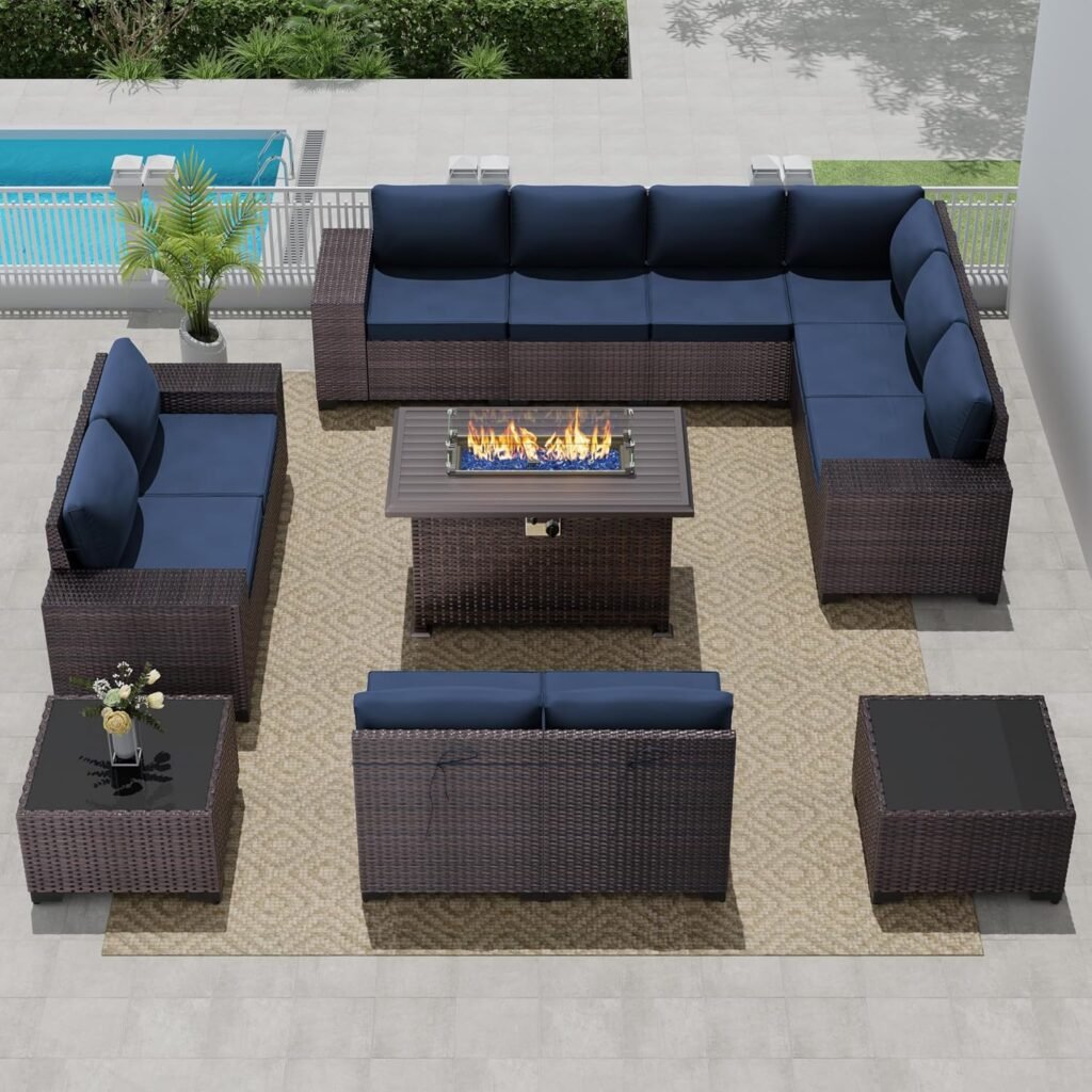 Outdoor Patio Furniture Set with Propane Fire Pit Table, 13 Pieces Outdoor Furniture Patio Sectional Sofa Conversation Sets w/ETL Approved 43 Gas Outdoor Fire Table Coffee Table(Dark Blue)